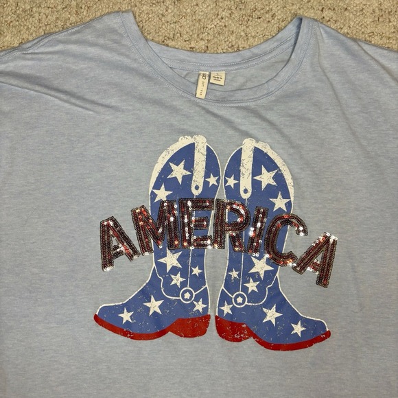 Cato Western Blue Cowboy Boots T-shirt Sz Large 'America' Sequins Rodeo Sparkle - Picture 1 of 7